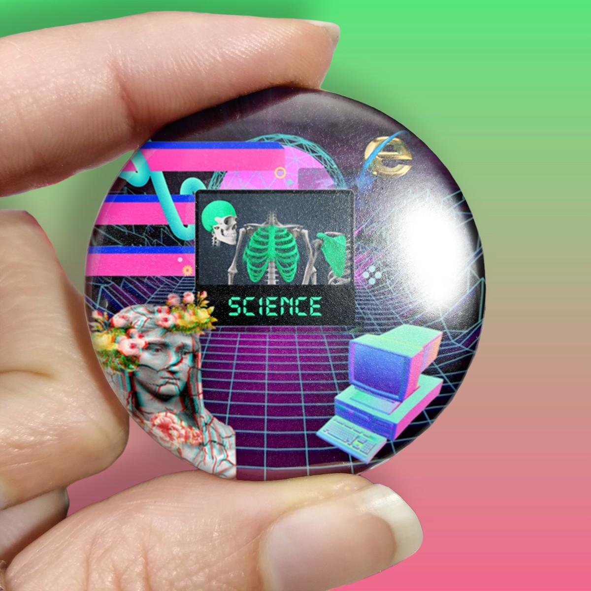 badge pins feministe neuroatypie syntwave vaporwave retrowave science glitch
